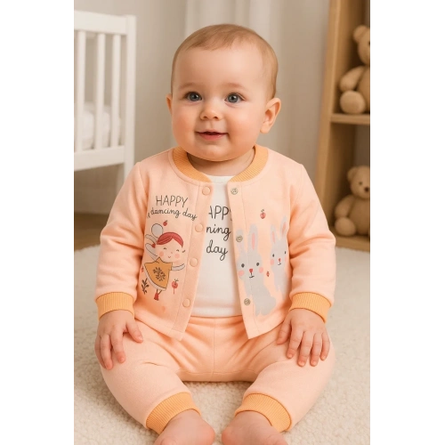 Happy Dancing Desenli 3lü Hırkalı Kız Bebek Takım