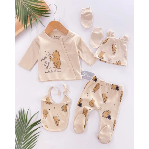 Hello Little Bear Baskılı 5 Parça %100 Pamuk Erkek Bebek Hastane Çıkışı