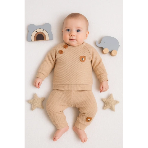 Jakarlı Omuzdan Düğmeli 2li Erkek Bebek Takımı