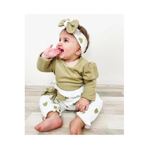 Kalp Baskılı Bandanalı 3lü Lüx Waffle Kız Bebek Takım