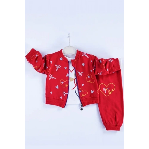 Kalp Desenli Hırkalı Pamuklu 3lü Kız Bebek Takımı