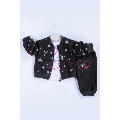 Kalp Desenli Hırkalı Pamuklu 3lü Kız Bebek Takımı