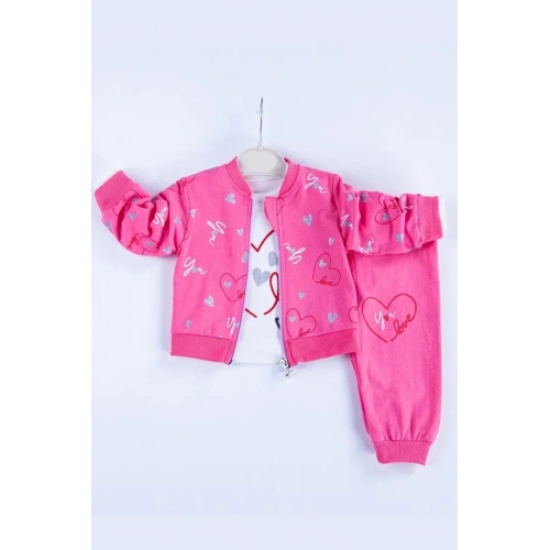 Kalp Desenli Hırkalı Pamuklu 3lü Kız Bebek Takımı