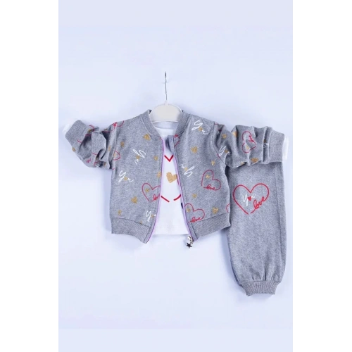 Kalp Desenli Hırkalı Pamuklu 3lü Kız Bebek Takımı