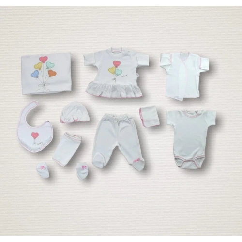 Kalpli Uçan Balon Nakışlı  10lu Zıbın Takımı Hastane Çıkışı Ekru