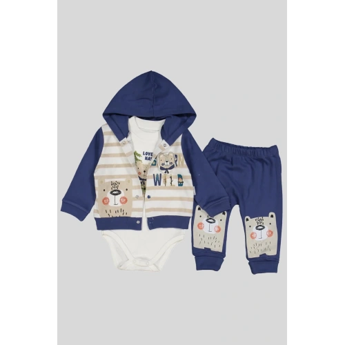 Kamp Desenli Kapüşonlu % 100 Pamuk Erkek Bebek Takımı