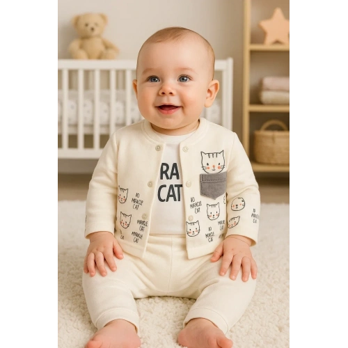 Kedi Desenli 3lü Hırkalı Kız Bebek Takım