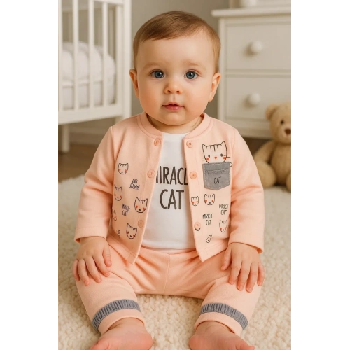 Kedi Desenli 3lü Hırkalı Kız Bebek Takım