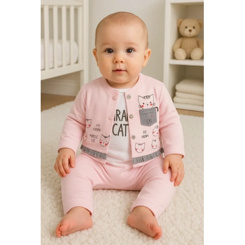 Kedi Desenli 3lü Hırkalı Kız Bebek Takım