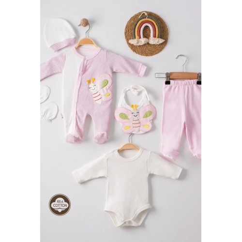 Kelebek Nakışlı Puanlı Tulumlu % 100 Pamuk Kız Bebek 5li Set