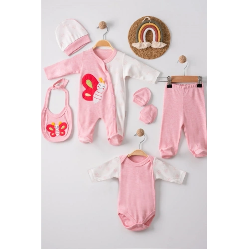 Kelebek Nakışlı Tulumlu % 100 Pamuk Kız Bebek 5li Set