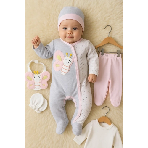 Kelebek Nakışlı Tulumlu % 100 Pamuk Kız Bebek 5li Set