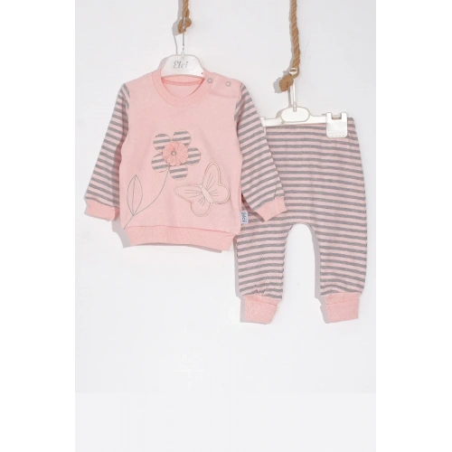 Kelebekli Çiçek Nakışlı Pamuklu 2li Kız Bebek Takımı