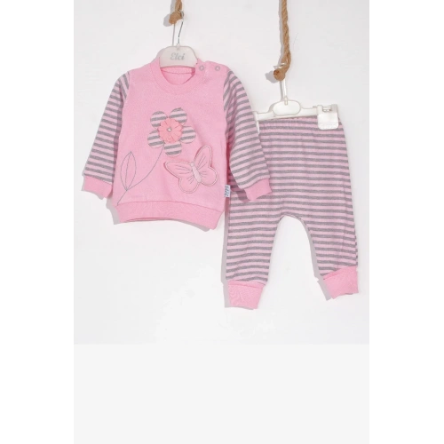 Kelebekli Çiçek Nakışlı Pamuklu 2li Kız Bebek Takımı