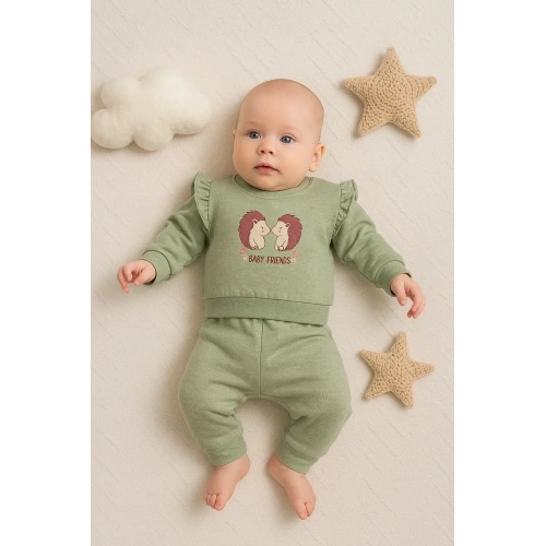 Kirpi Nakışlı % 100 Pamuk 2li Kız Bebek Takım