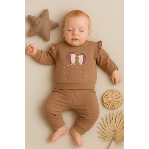 Kirpi Nakışlı % 100 Pamuk 2li Kız Bebek Takım