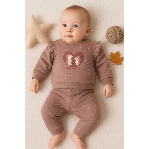 Kirpi Nakışlı % 100 Pamuk 2li Kız Bebek Takım