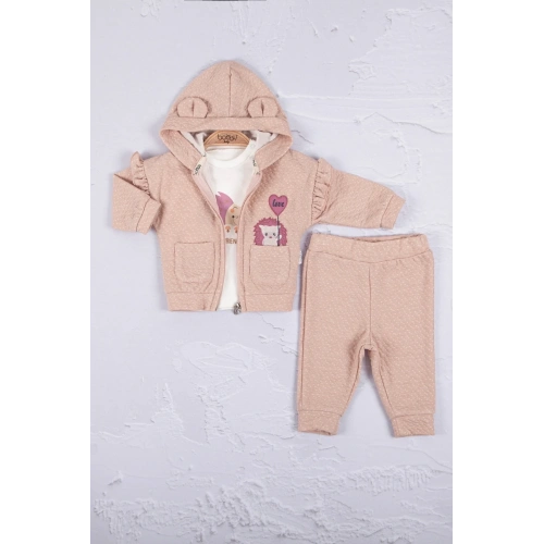 Kirpi Nakışlı % 100 Pamuk 3lü Kız Bebek Takım