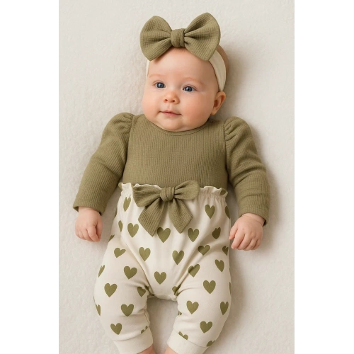 Kız Bebek Kalp Desenli Waffle Bandanalı 2li Tulum