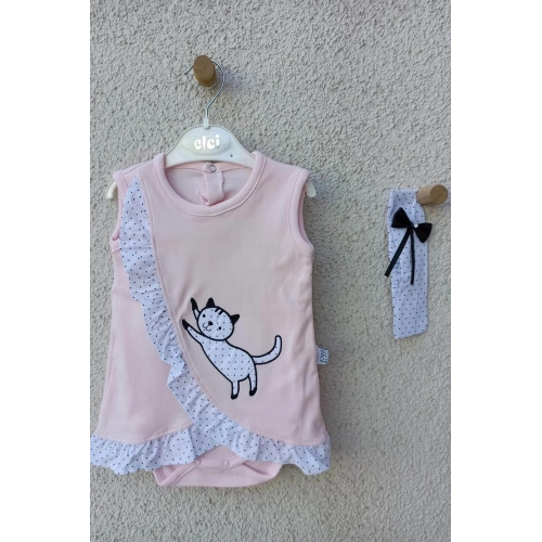 Kız Bebek Pembe Kedili Fırfırlı Bandanalı Badi