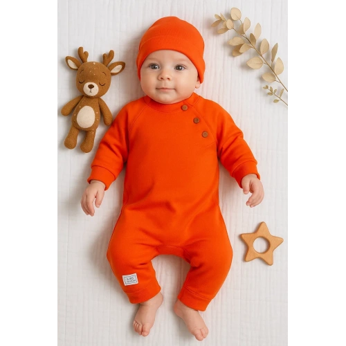 Kollu Düğme Detaylı Unısex Bebek Tulumu