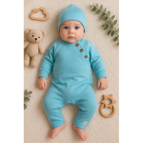 Kollu Düğme Detaylı Unısex Bebek Tulumu