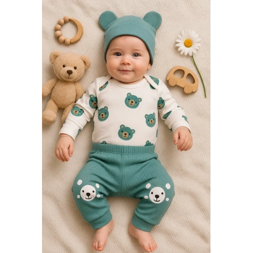 Kulaklı Ayıcık % 100 Pamuk 3lü Erkek Bebek Takım