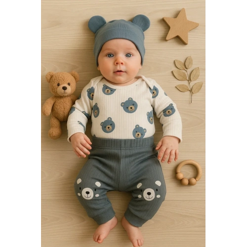 Kulaklı Ayıcık % 100 Pamuk 3lü Erkek Bebek Takım