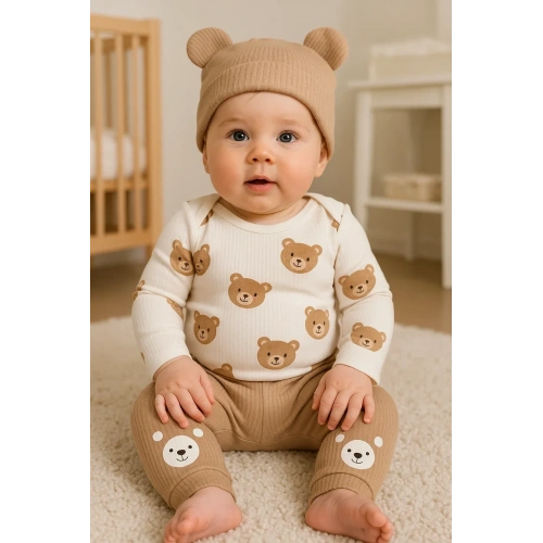 Kulaklı Ayıcık % 100 Pamuk 3lü Erkek Bebek Takım