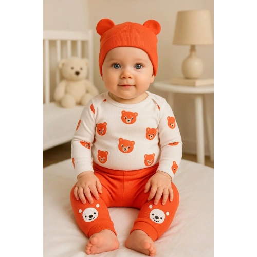 Kulaklı Ayıcık % 100 Pamuk 3lü Erkek Bebek Takım