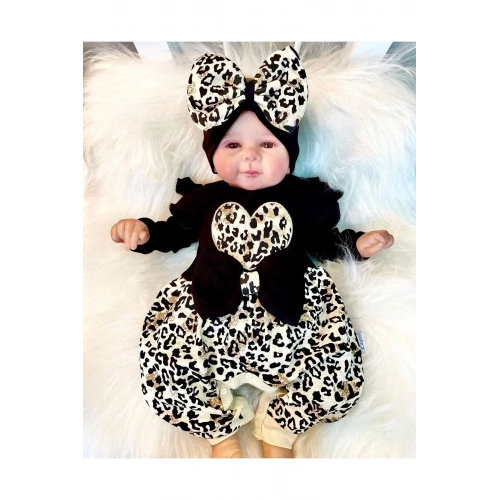 Leopar Desenli Fiyonklu % 100 Pamuk Kız Bebek Tulum