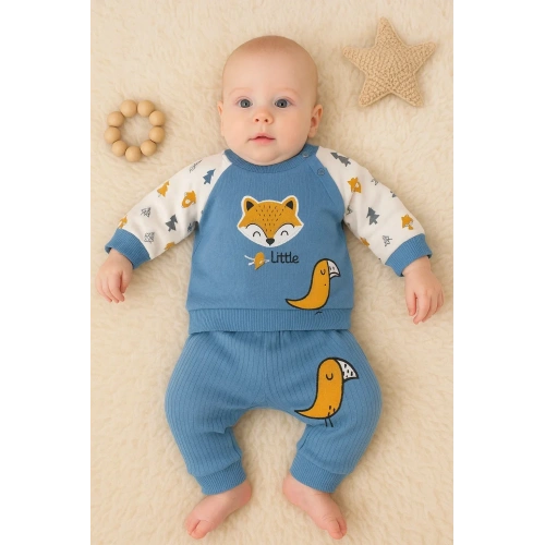 Littie Fox Nakışlı % 100 Pamuklu 2li Erkek Takım