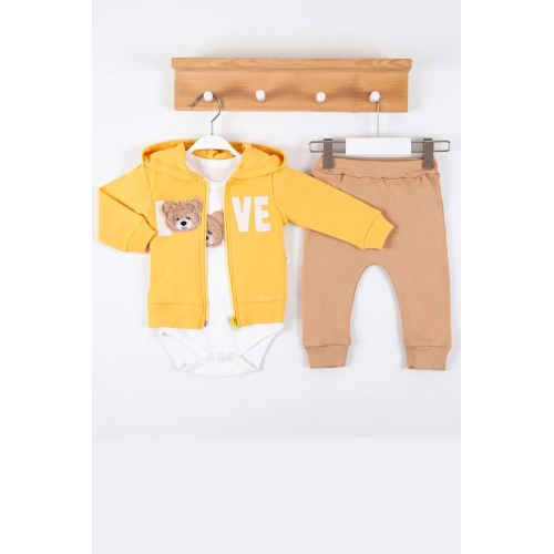 Love Bear Nakışlı % 100 Pamuk Hırkalı 3lü Erkek Takım