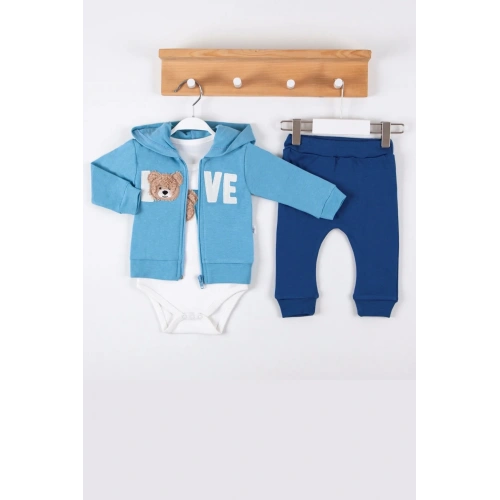 Love Bear Nakışlı % 100 Pamuk Hırkalı 3lü Erkek Takım