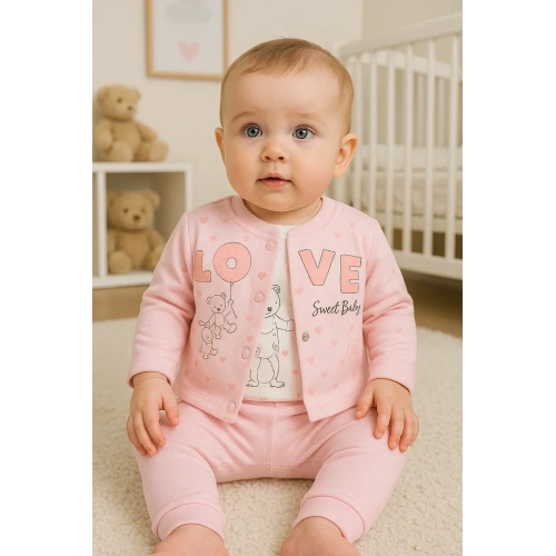 Love Tavşan Desenli Kol Detaylı 3lü Hırkalı Kız Bebek Takım