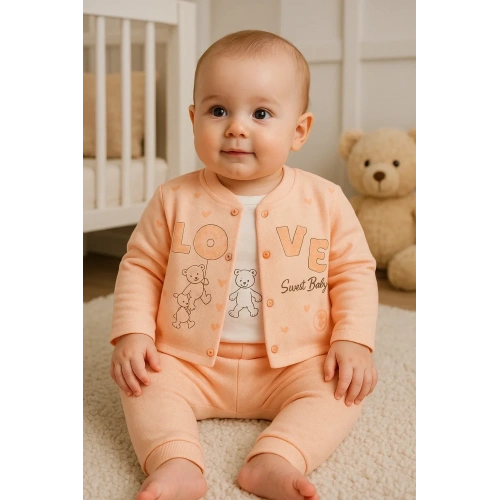 Love Tavşan Desenli Kol Detaylı 3lü Hırkalı Kız Bebek Takım