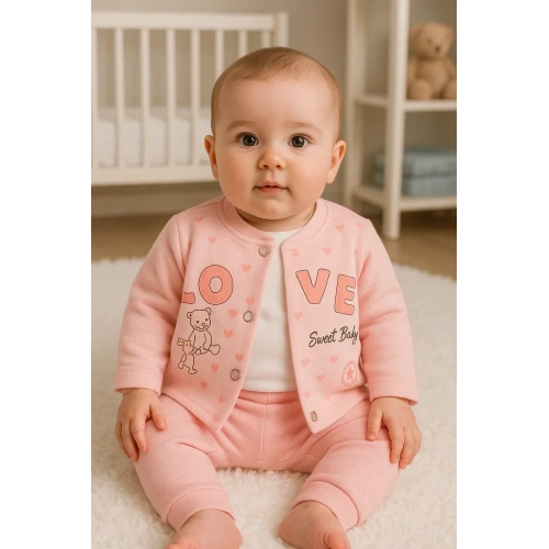 Love Tavşan Desenli Kol Detaylı 3lü Hırkalı Kız Bebek Takım