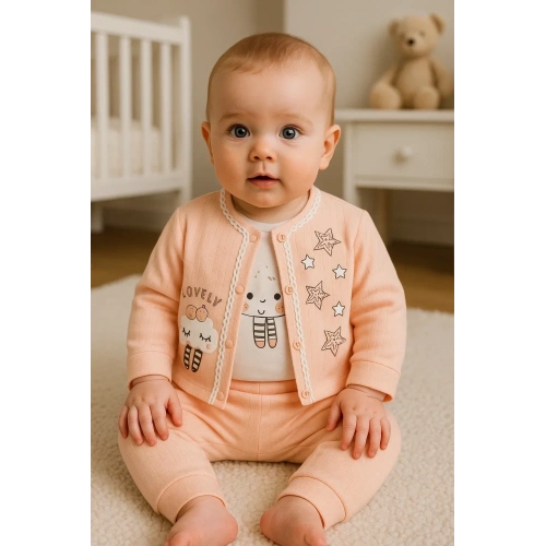 Lovely Yıldız Desenli 3lü Hırkalı Kız Bebek Takım