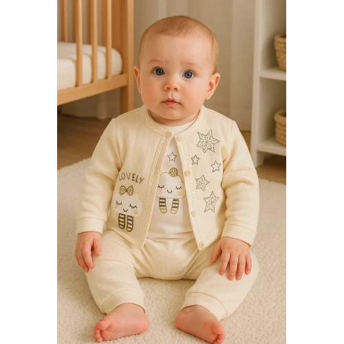 Lovely Yıldız Desenli 3lü Hırkalı Kız Bebek Takım