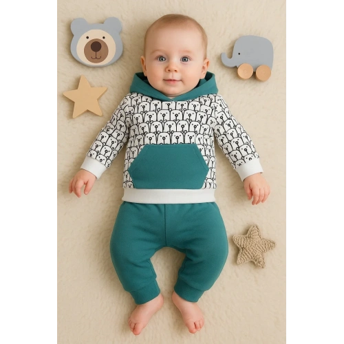 Minik Ayıcıklar Desenli 2li % 100 Pamuk Erkek Bebek Takımı