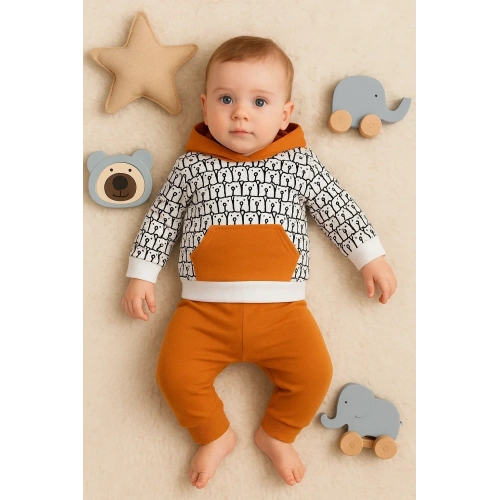 Minik Ayıcıklar Desenli 2li % 100 Pamuk Erkek Bebek Takımı