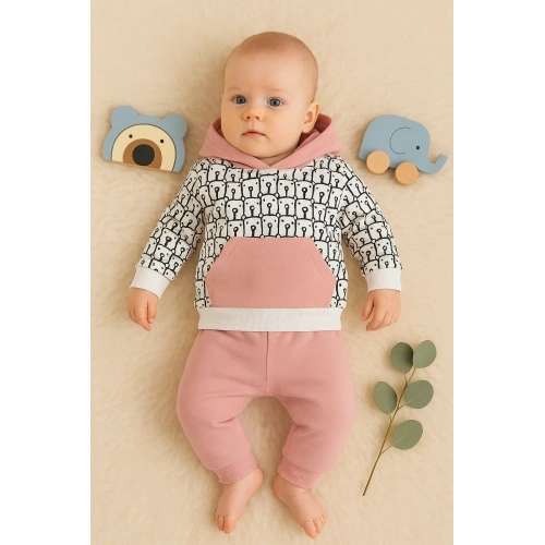 Minik Ayıcıklar Desenli 2li % 100 Pamuk Kız Bebek Takımı