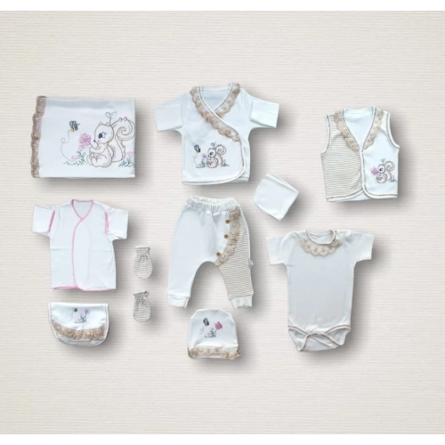 Minik Sincap Nakışlı  10lu Zıbın Takımı Hastane Çıkışı Ekru