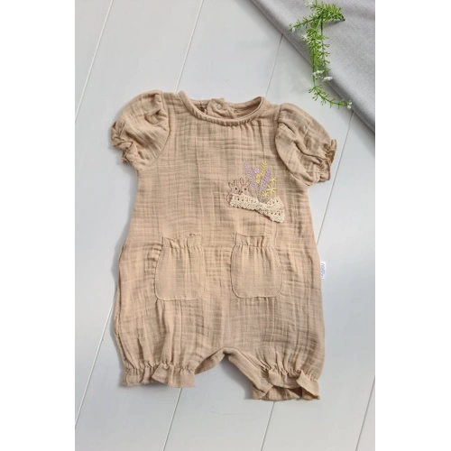 Müslin Kumaş Çiçek Nakışlı Pamuklu Kız Bebek Tulum