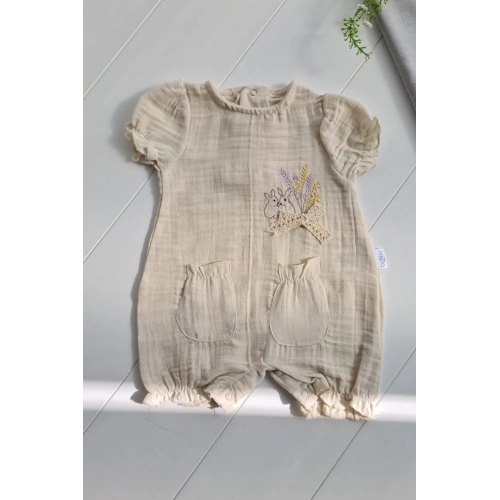 Müslin Kumaş Çiçek Nakışlı Pamuklu Kız Bebek Tulum