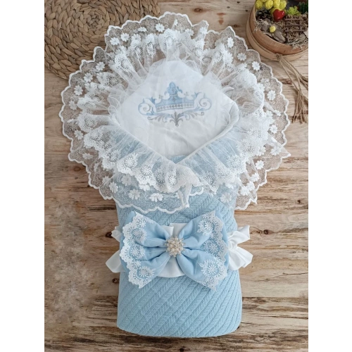 Örgü Tericotton Taç Nakışlı İncili Güpür Çift Fiyonk Papatya Güpür Trilüks Kundak Bebek Battaniyesi Mavi