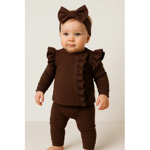 Orkide Büzgü Detaylı 3 Parça Kız Bebek Takımı %100 Pamuk