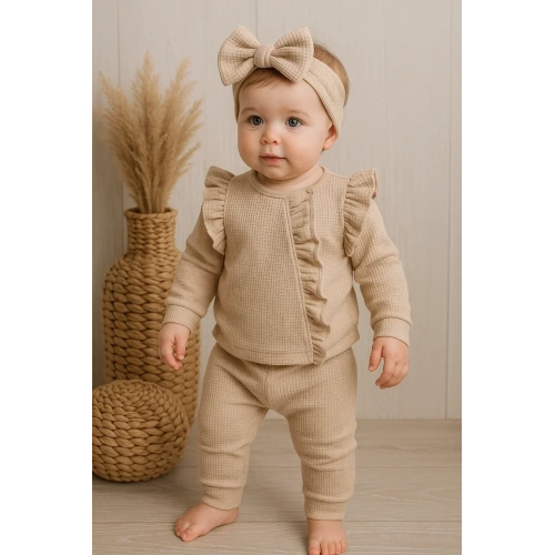 Orkide Desenli Fisto Detaylı 3 Parça Kız Bebek Takımı %100 Pamuk