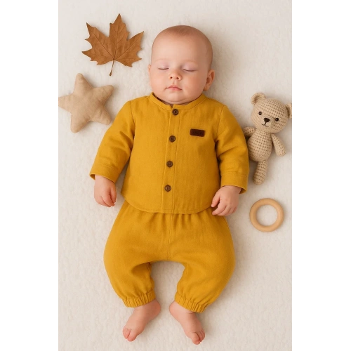 Oval Kesim 5 Düğmeli Müslin Kumaş 2li Erkek Bebek Takımı