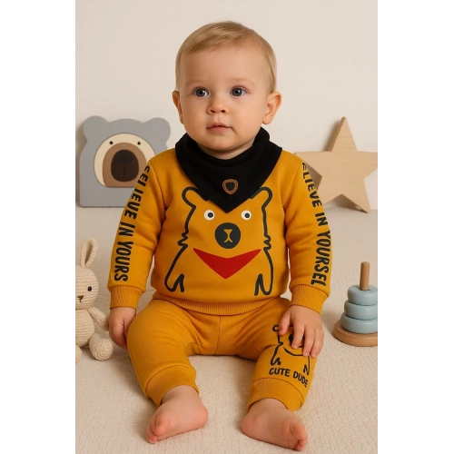 Oynar Gözlü Fularlı 3lü Erkek Bebek Takımı